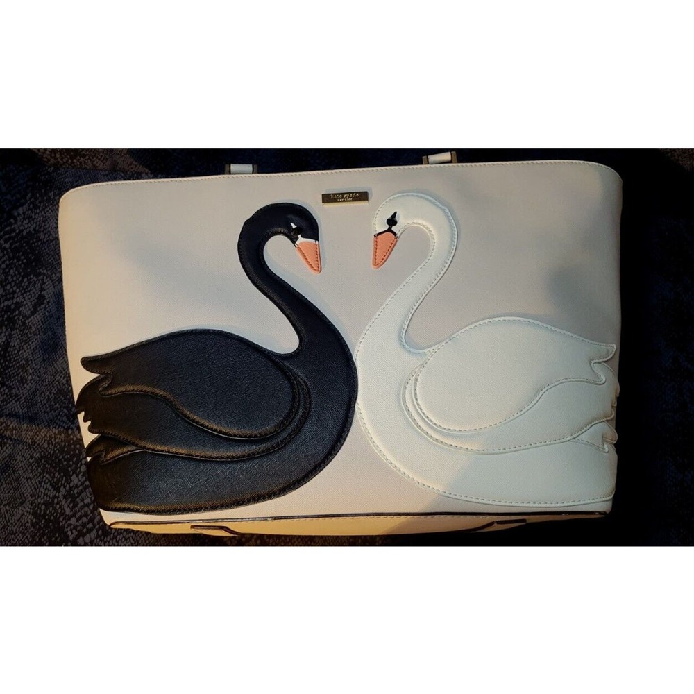 Kate Spade On Pointe Large Swan Tote Black And White Swans 10" Strap Gray Clean - Picture 13 of 16